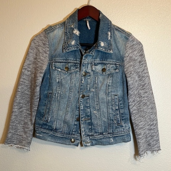 Free People Distressed Denim Knit Sleeves Jean Jacket - Picture 1 of 16